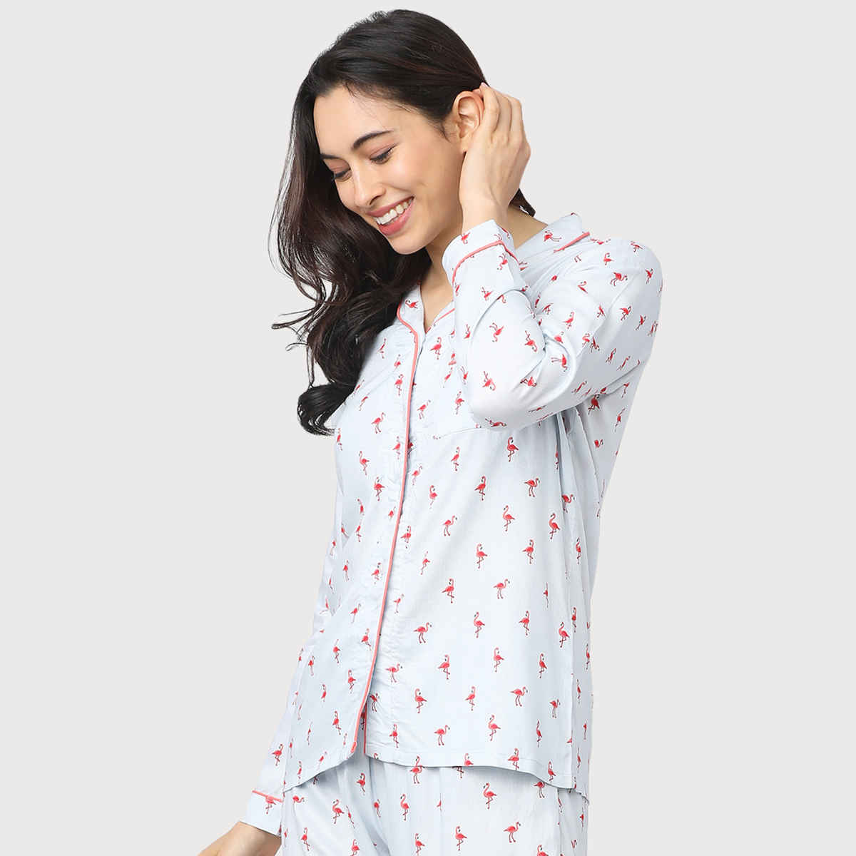 Tokyo Talkies Women's Printed Sleep Shirt | Coral and Blue - M