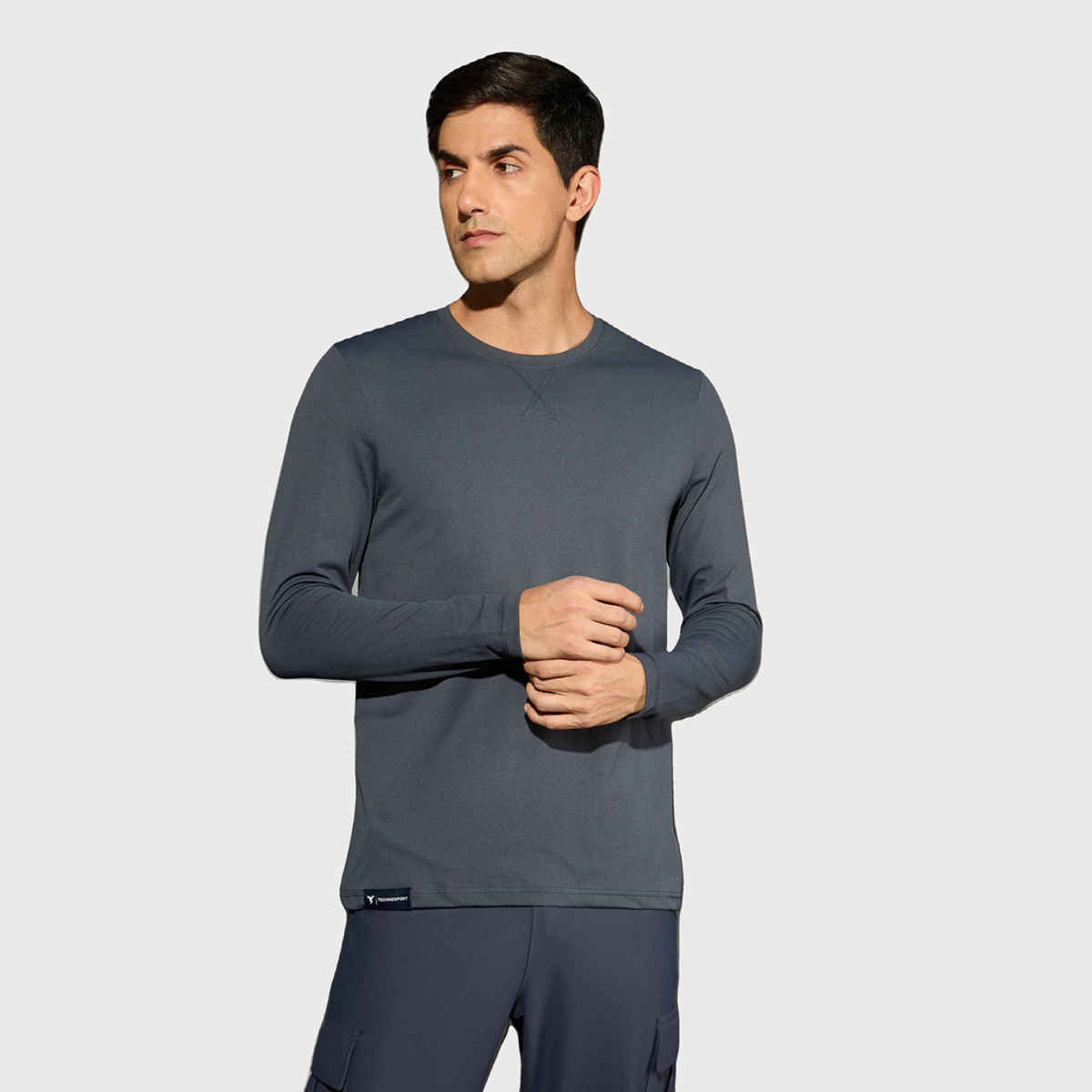 Technosport Men's Poly Solid Slim Fit Round Neck Full Sleeve Sports T-shirt | Carbon Grey - S