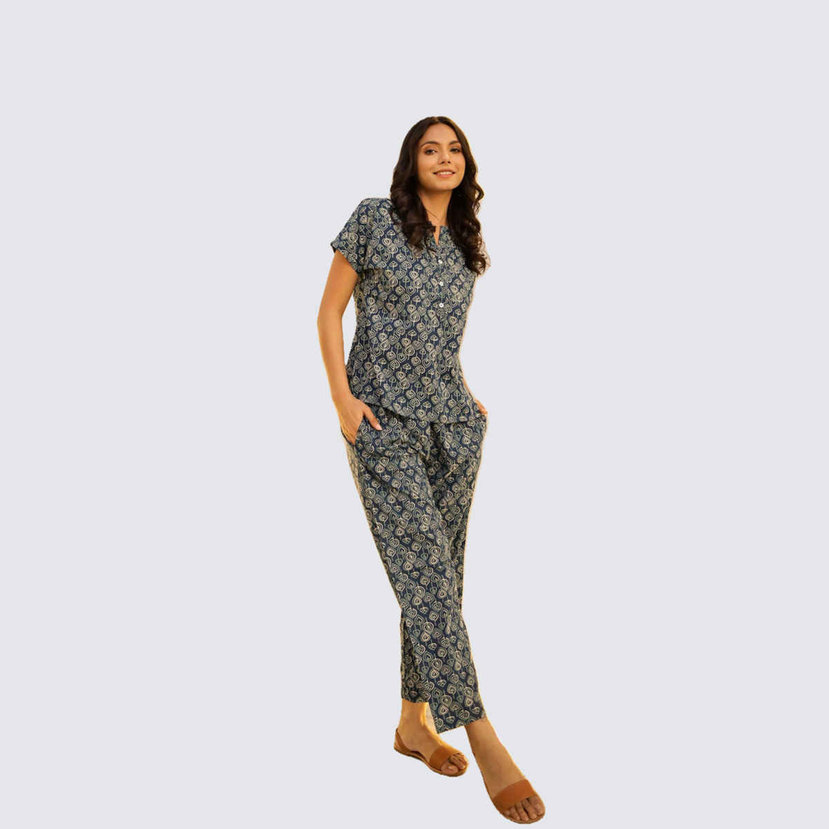 Sanskrutihomes Women's Printed Pure Cotton Night Suit | Navy Blue - XL