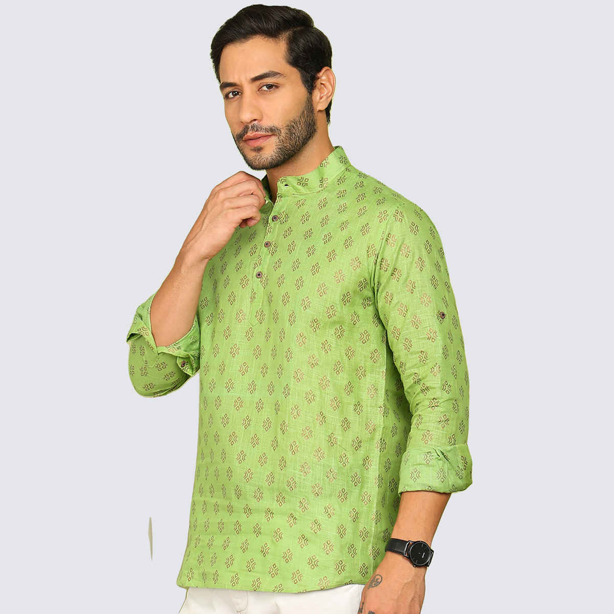 Allan Peter Men's Printed Short Kurta | Green - M
