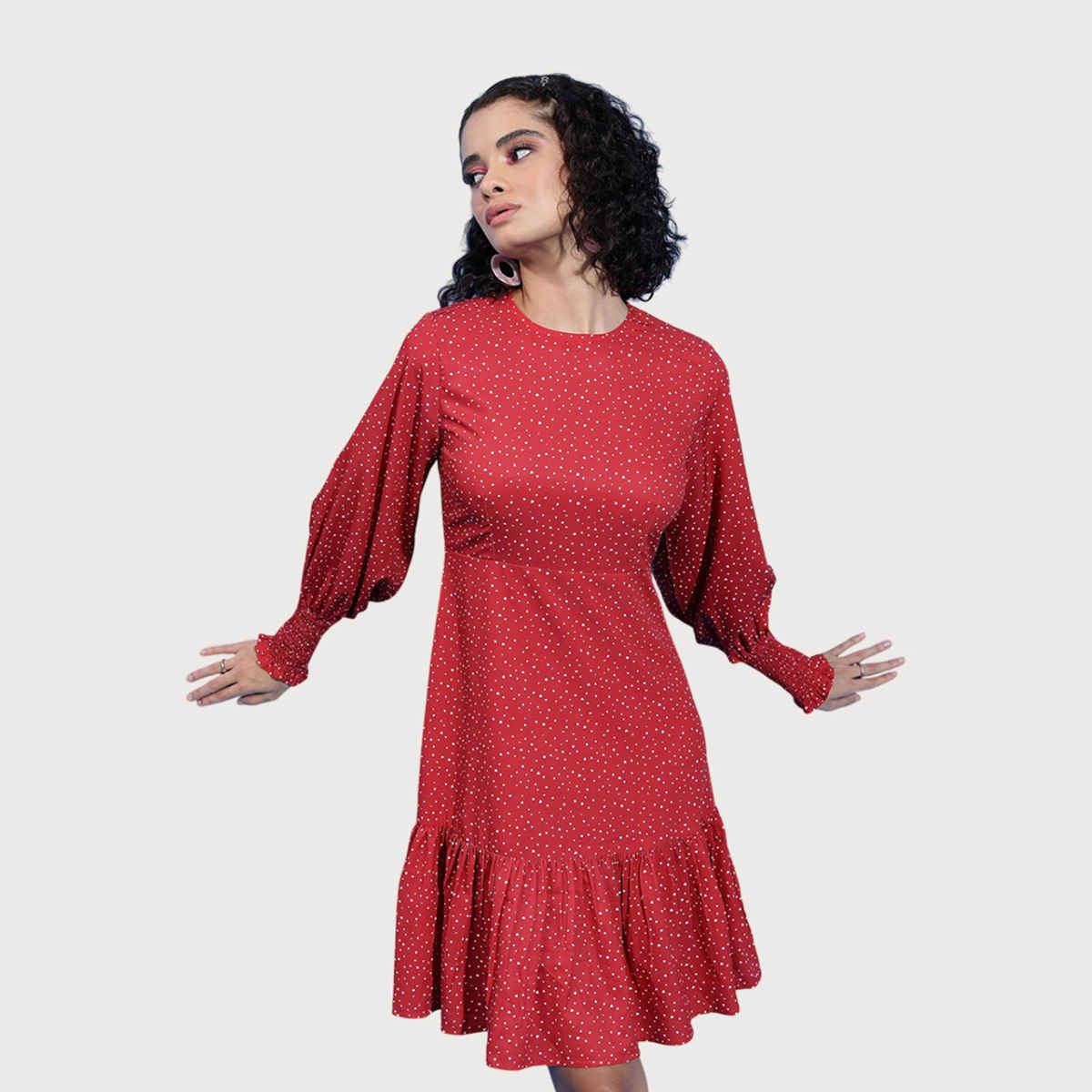 Ketch Women's Printed Smocked Bishop Sleeve Drop Dress | Red - M
