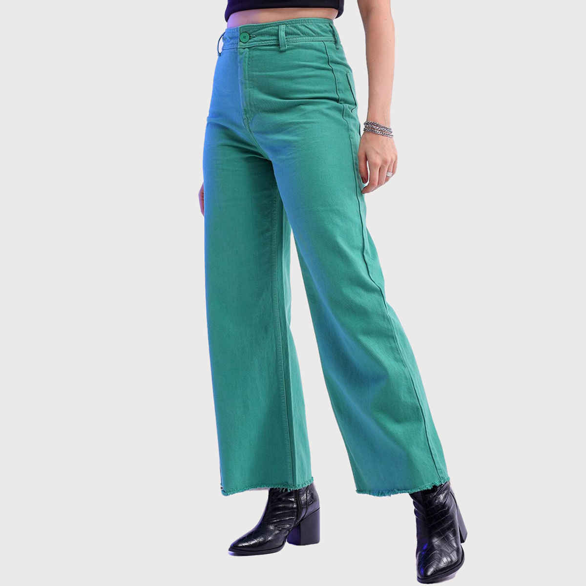 Freehand Women's High Rise Clean Look Over Dyed Bootcut Raw Edge Jeans | Green - 32