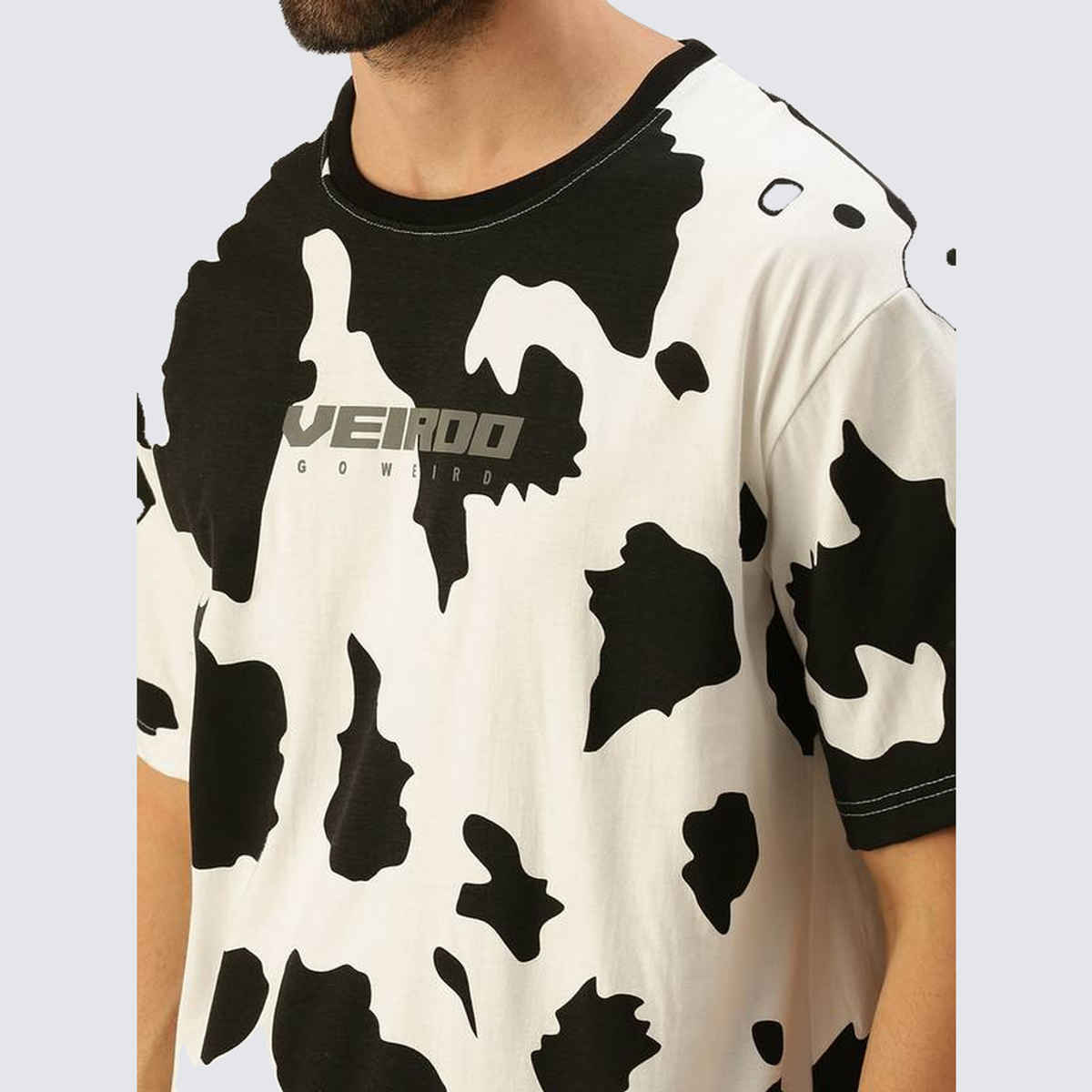 VEIRDO Men's Printed Oversized T-Shirt | UNI 100 OS COW | White - L