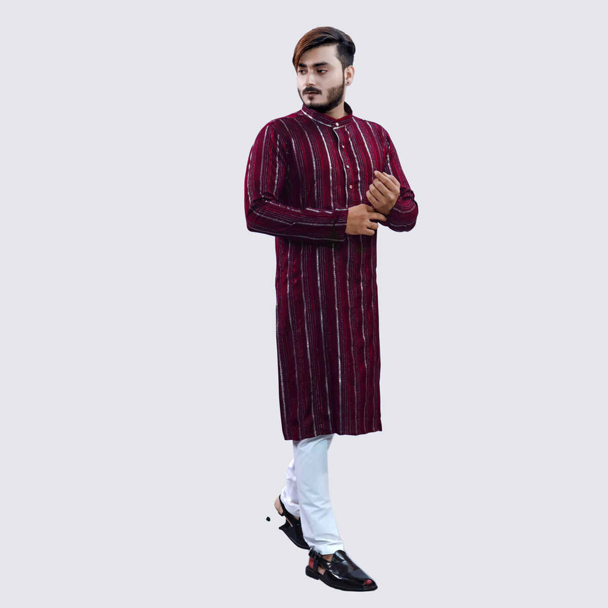 Tibra Collection Men Kurta - Maroon | Solid | Thin Striped | Cotton Blend | L