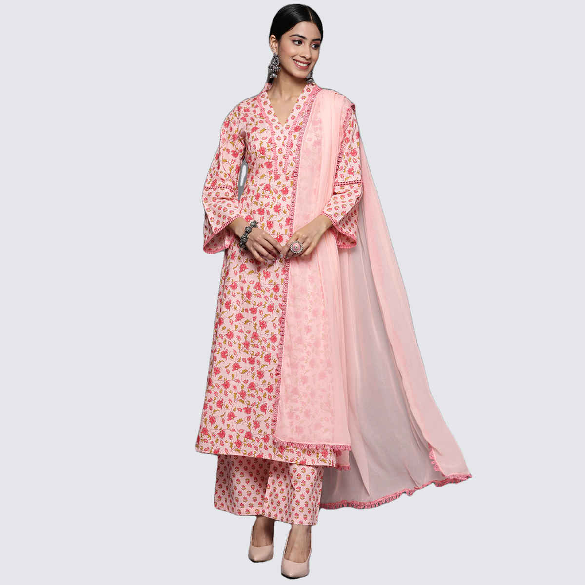 Varanga Women's V-Neck Collar Kurta Paired with Tonal Dupatta And Tonal Bottom | Pink - L