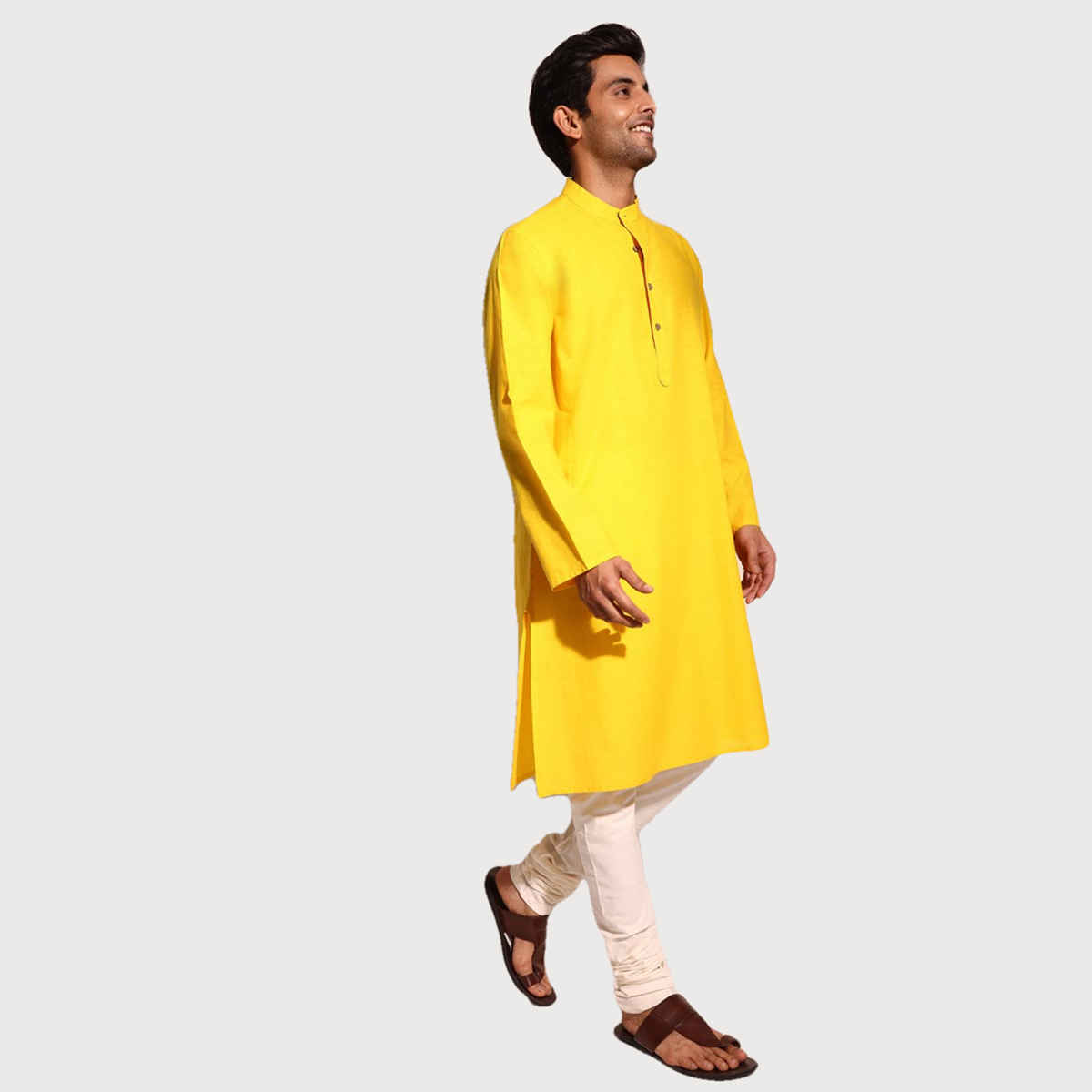 Fabindia Men's Long Kurta Comfort Fit | Yellow - XS