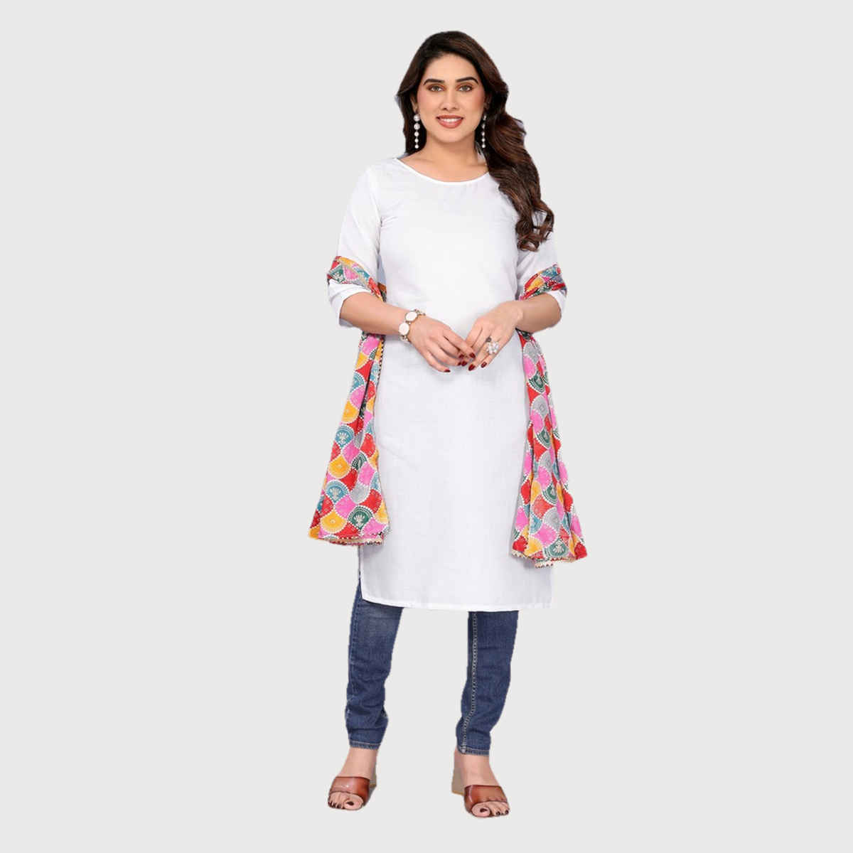 Riglozi White 3/4 Sleeves Cotton Made White Long Round Neck Regular wear Kurti for Women | S