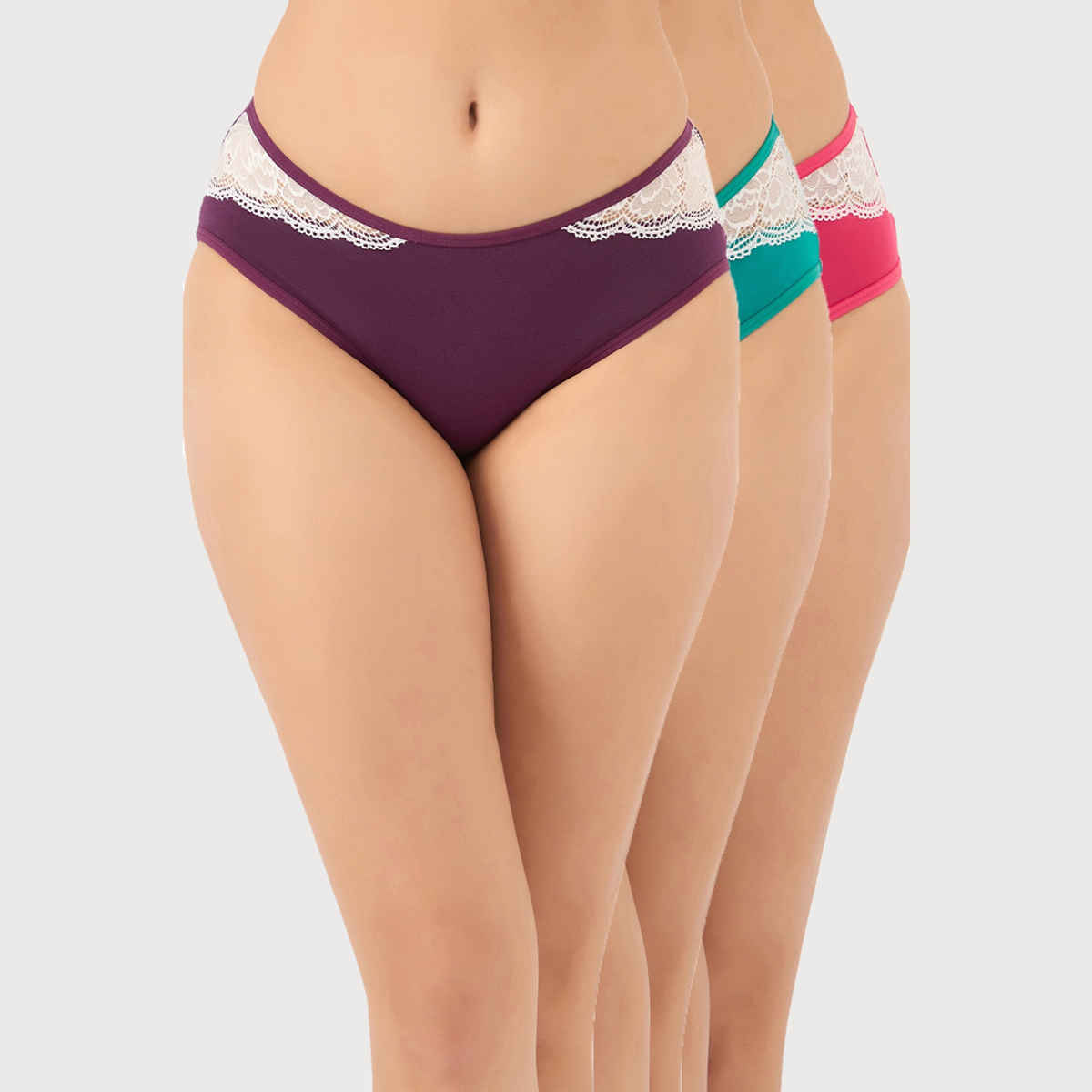 Clovia Pack Of 3 Mid Waist Hipster Panties With Lace Trims - Cotton(Magenta , Purple , Teal - Xxl)