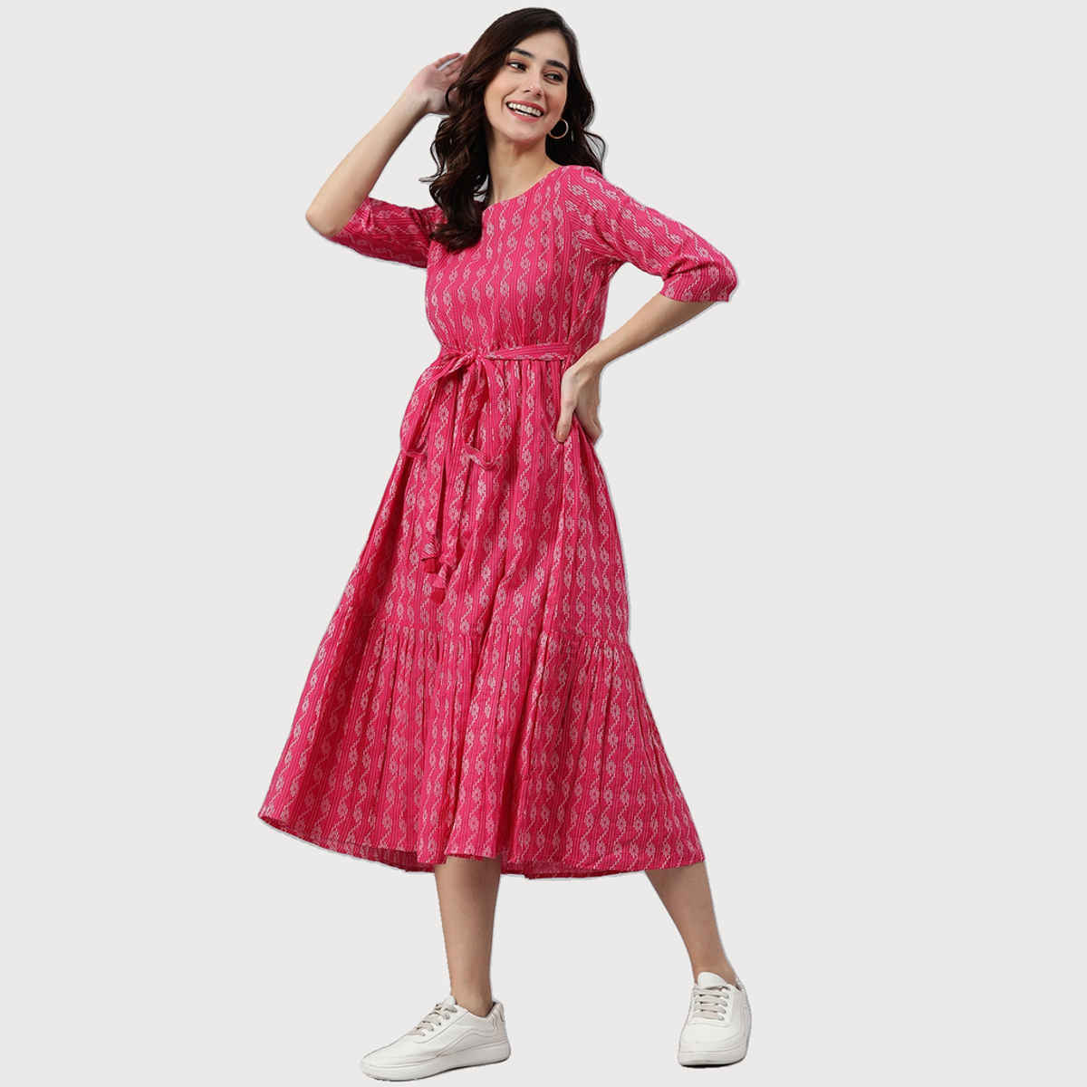 Janasya Women's Pink Pure Cotton Woven Design Tiered Dress - XL