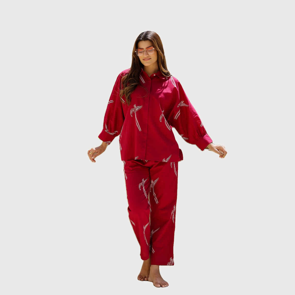 Sanskrutihomes Conversational Printed Pure Cotton Night Suit | Red - L