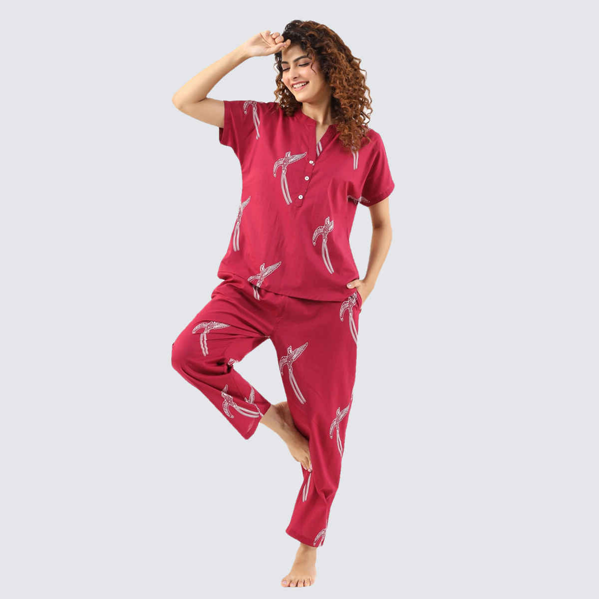 Sanskrutihomes Conversational Printed Mandarin Collar Pure Cotton Night Suit | Magenta - XL