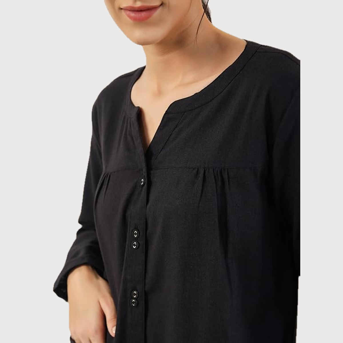 Sanskrutihomes Black Round Neck Pure Cotton Nightsuit | Black - M