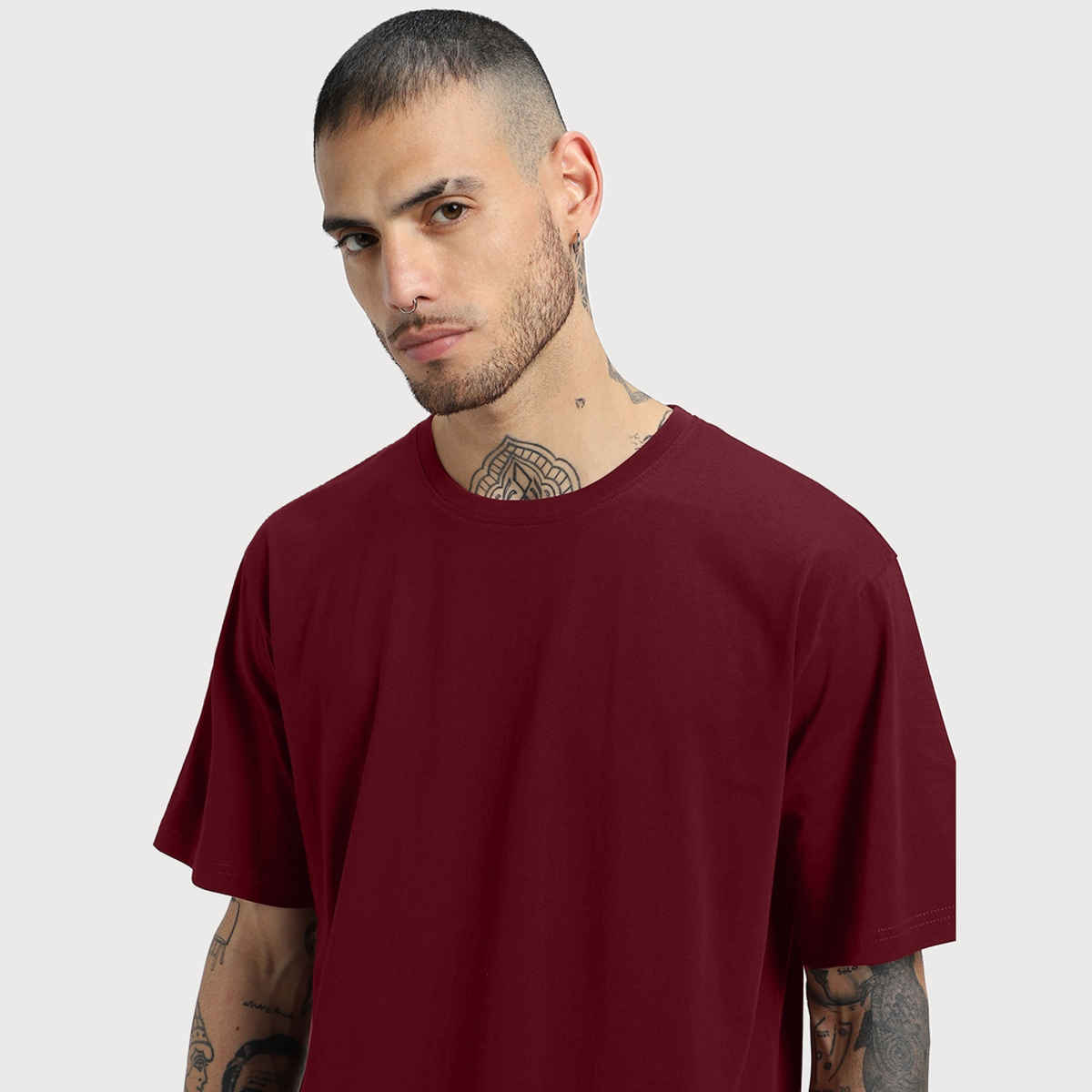 Veirdo Pure Cotton Oversized Fit Round Neck Maroon T-Shirt For Men - XL