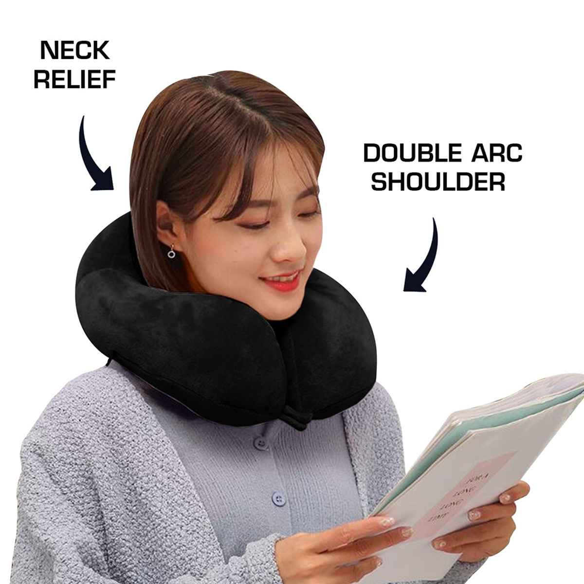 Billebon Unisex Solid Fiber Neck Pillow with Eye Mask | Black - Free Size