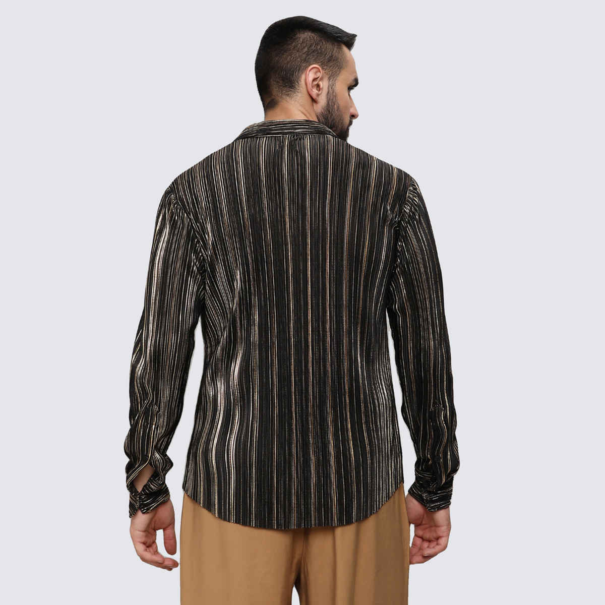 Campus Sutra Men's Pleat - Creased Shirt | Jet Black & Metallic Gold - M