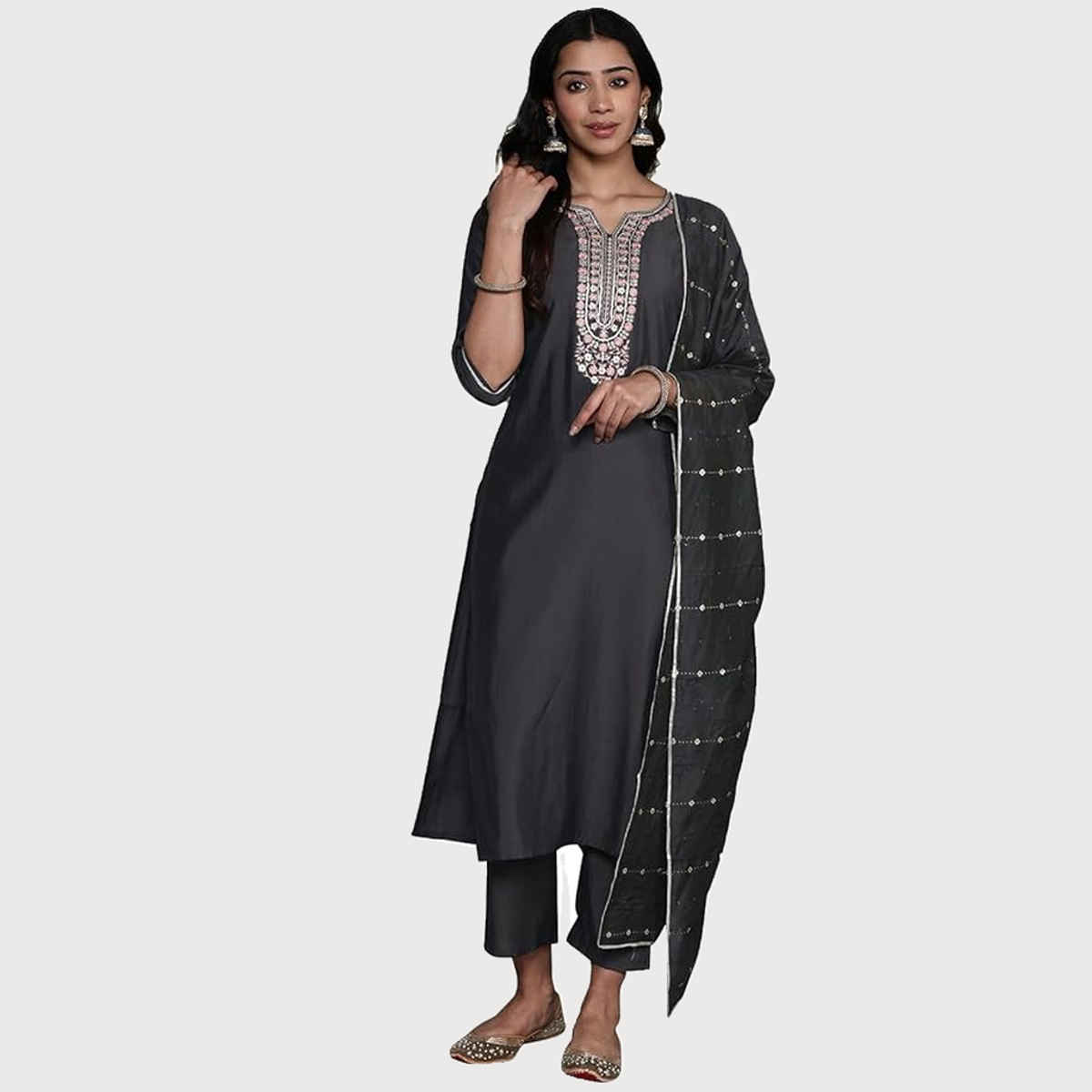 Libas Women Grey Silk Straight Kurta With Grey Silk Blend Trouser And Silk Blend Dupatta - 35163L