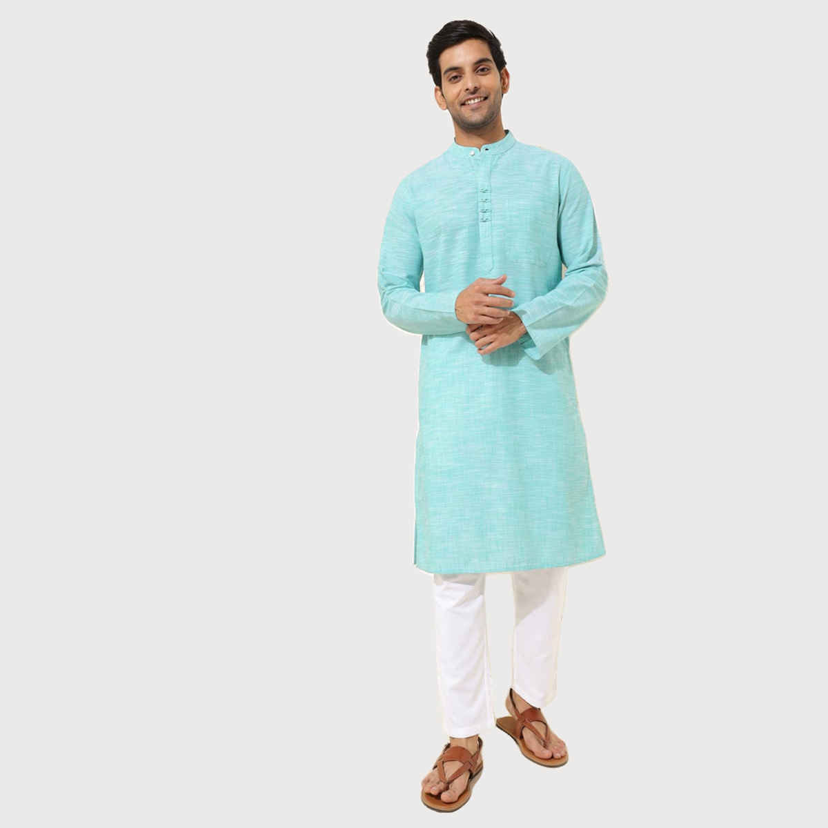 Fabindia Men's Long Kurta Cotton Woven Slim Fit | Teal - XS