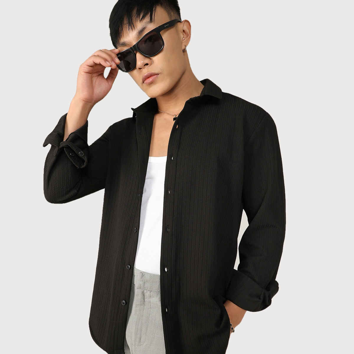 Campus Sutra Men's Stripe - Creased Shirt | Black - XL