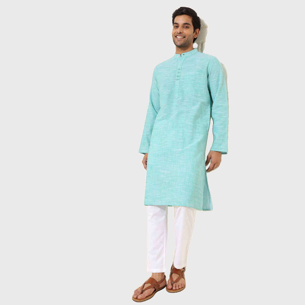 Fabindia Men's Long Kurta Cotton Woven Slim Fit | Teal - XS