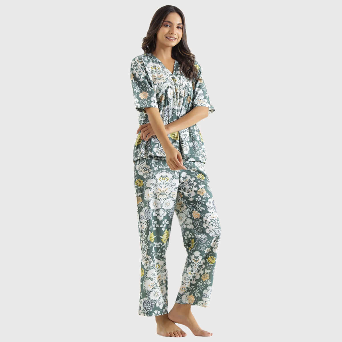 Sanskrutihomes Printed Pure Cotton Night Suit | Green - S