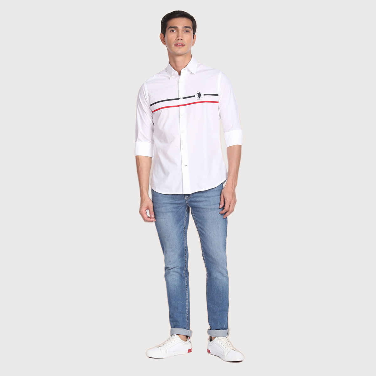 U.S. Polo Assn. Men's Horizontal Stripe Cotton Casual Shirt | White - L