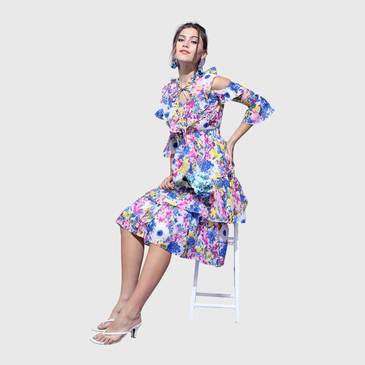 Tokyo Talkies Women's Floral Tiered Ruffled Dress | Pink And Blue - M