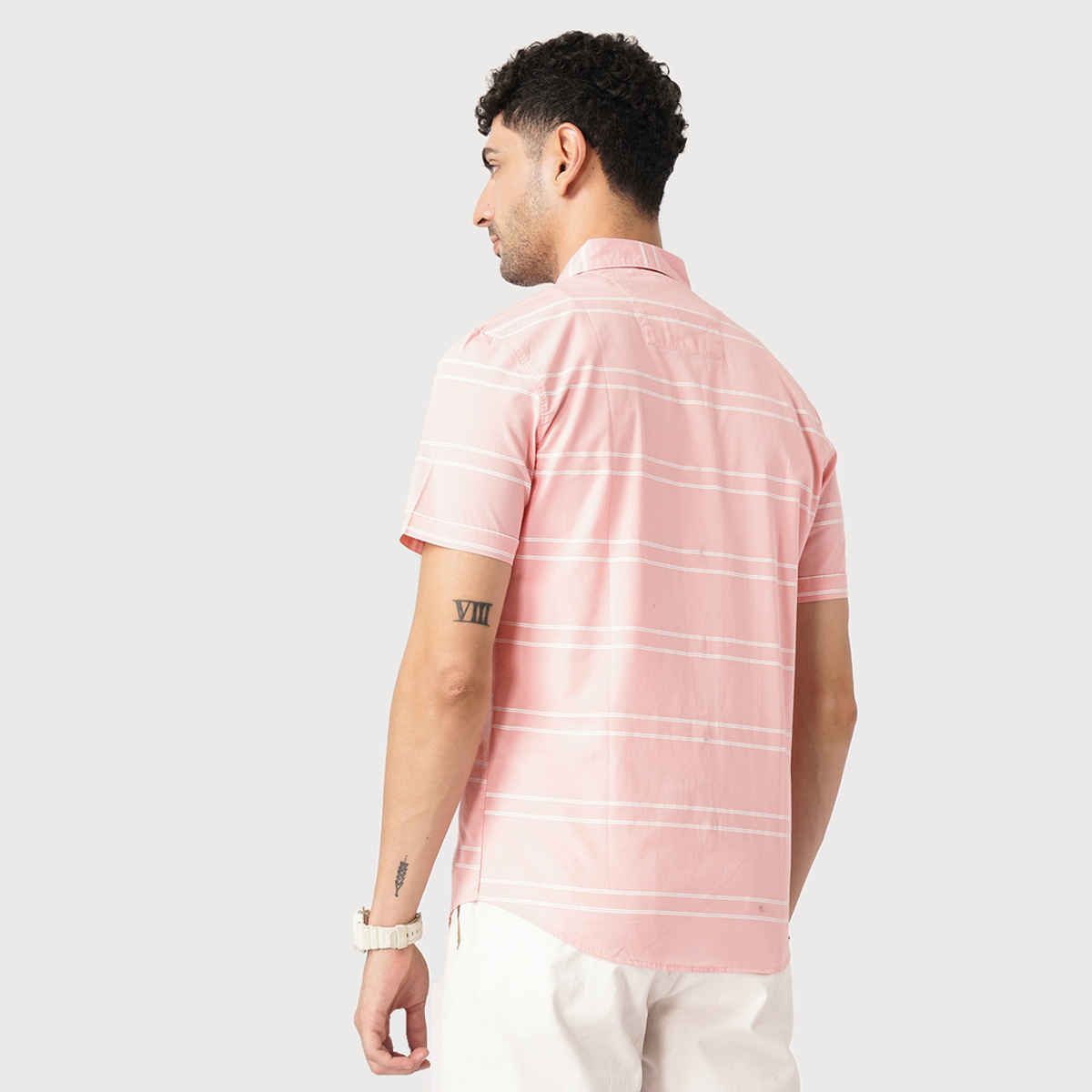 The Indian Garage Co Men's Slim Fit Striped Casual Shirt | Pink - S