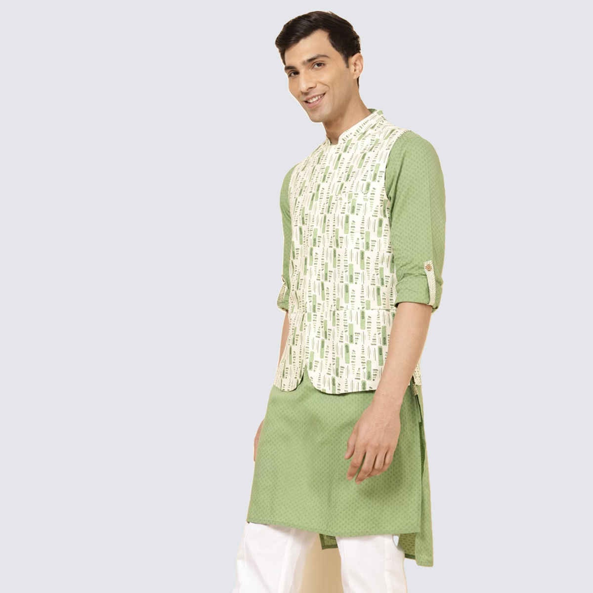 Fabindia Men's Nehru Jacket Cotton Tribal Printed Slim Fit | Natural - S
