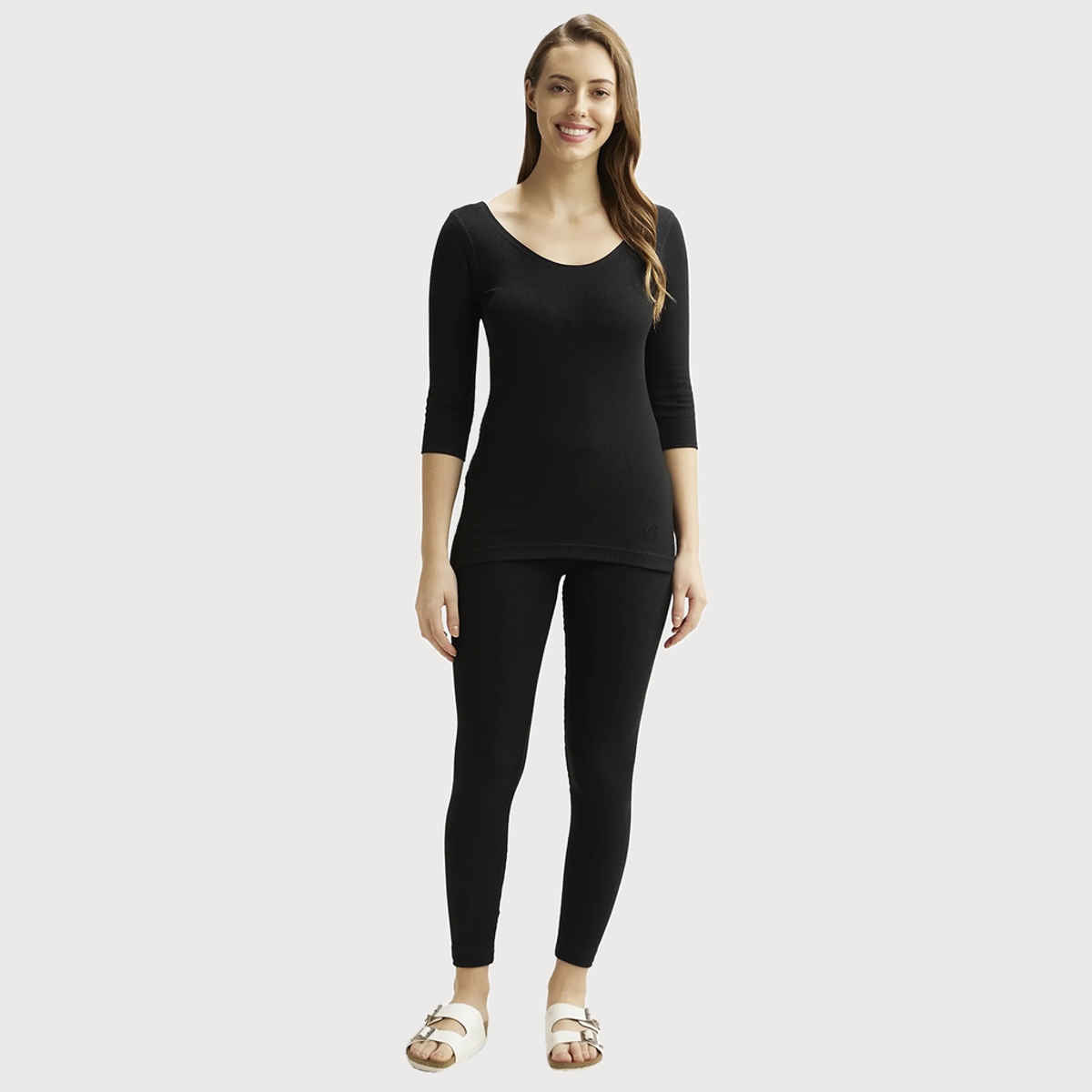 Jockey 2503 Women's Super Combed Cotton Rich 3/4 Sleeve Thermal Top | Black-M