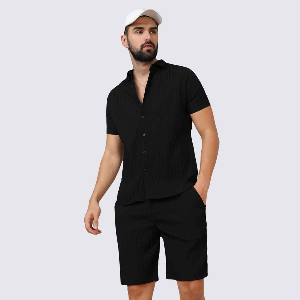 Campus Sutra Men's Self - Design Striped Co-ord Set | Midnight Black - XL