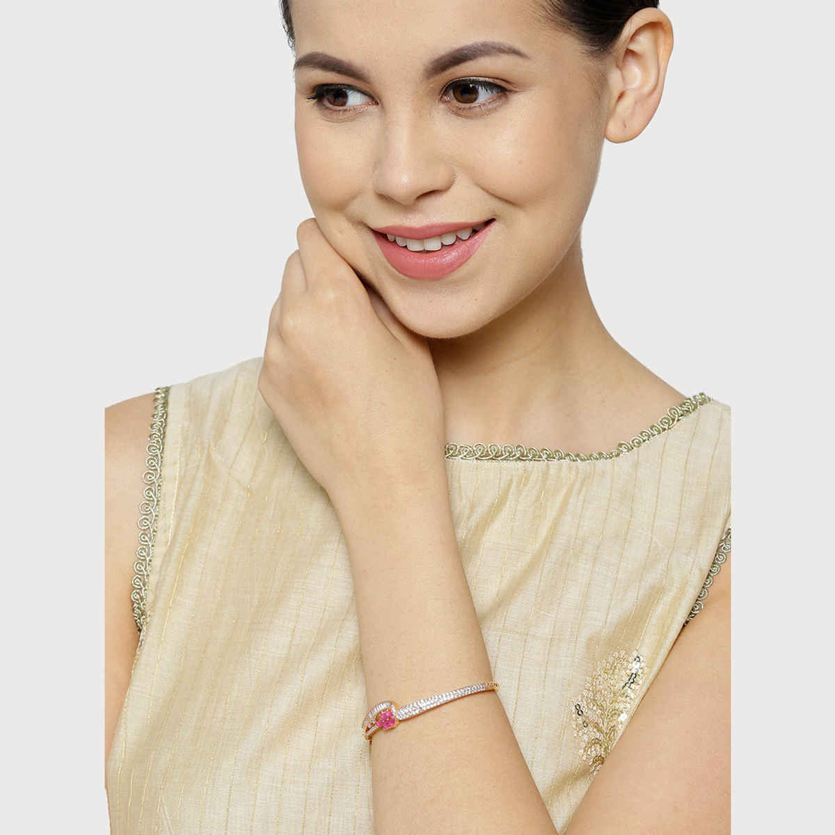 Priyaasi Rose Gold-Plated Ruby And American Diamond Studded Bracelet In Floral Pattern