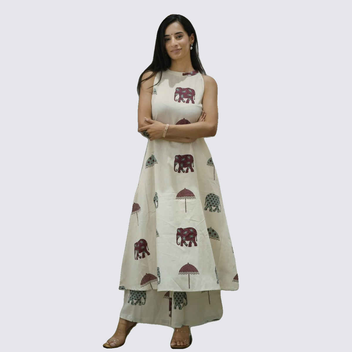 GoSriKi Women's Viscose Rayon Anarkali Printed Kurta with Palazzo | SURAI | White - M