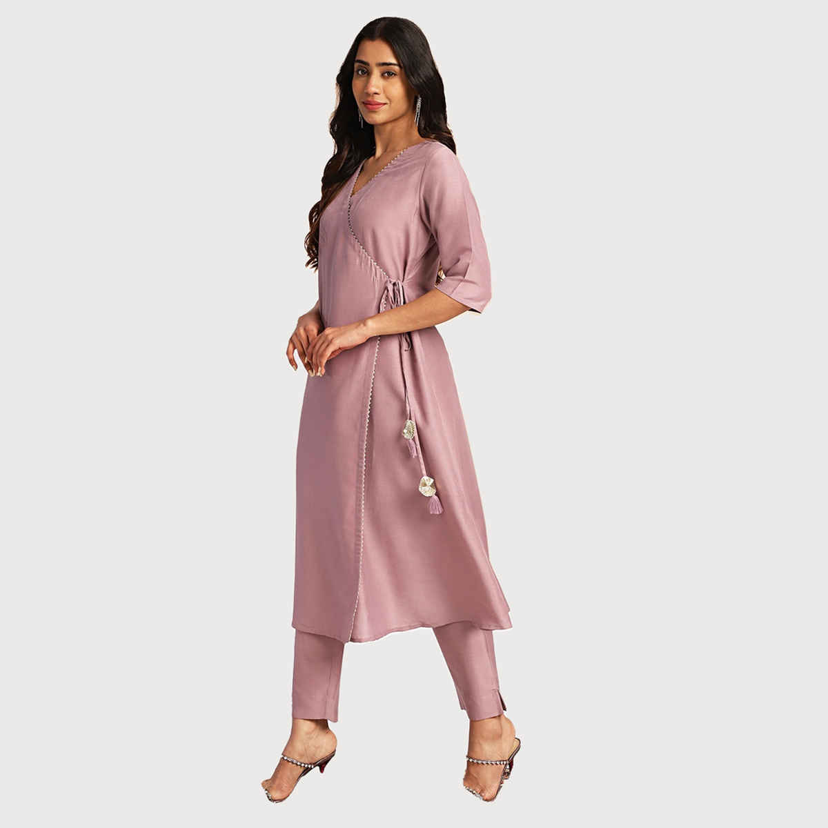 Janasya Women's Lavender Silk Blend Solid Wrap Kurta Set | XL
