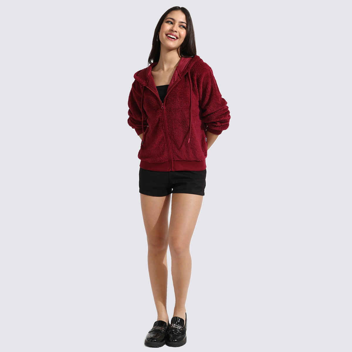 Campus Sutra Women's Zip-Front Fleece Hoodie | Carmine Red - XL