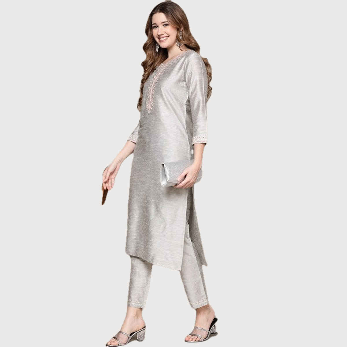 Anubhutee Women's Ethnic Motifs Embroidered Kurta with Trousers | Grey - M