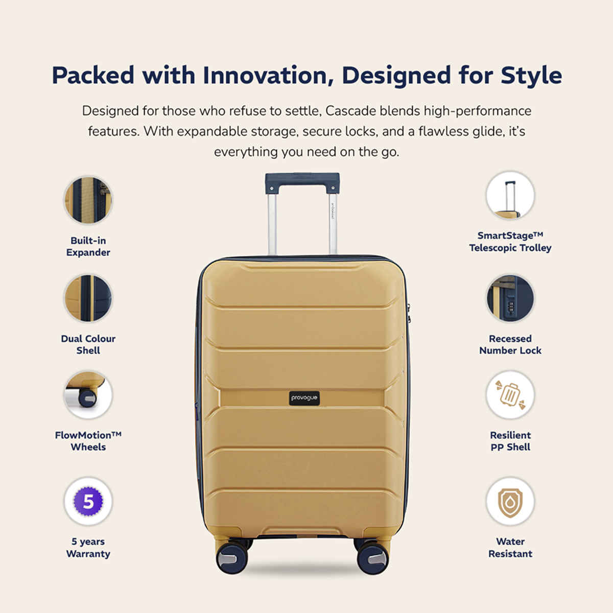 Provogue Cascade Hard-Sided PP Large Luggage Trolley Bag | Golden Yellow and Blue Berry - 75 cm