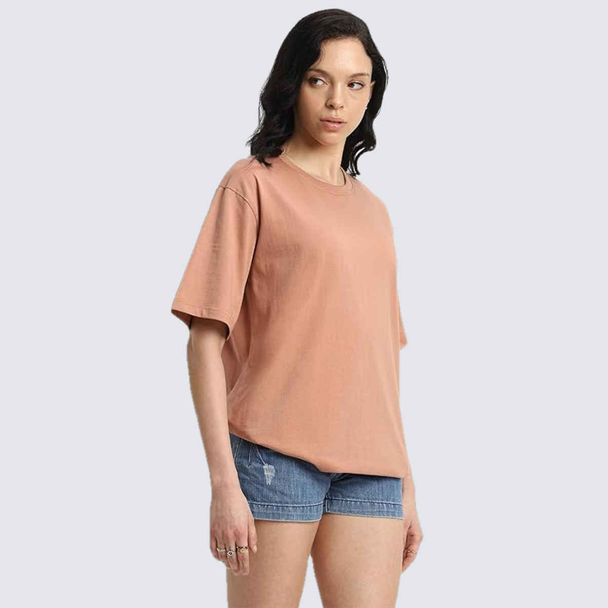 Juneberry Cork Oversized Fit Round Neck T-shirt for Women - L