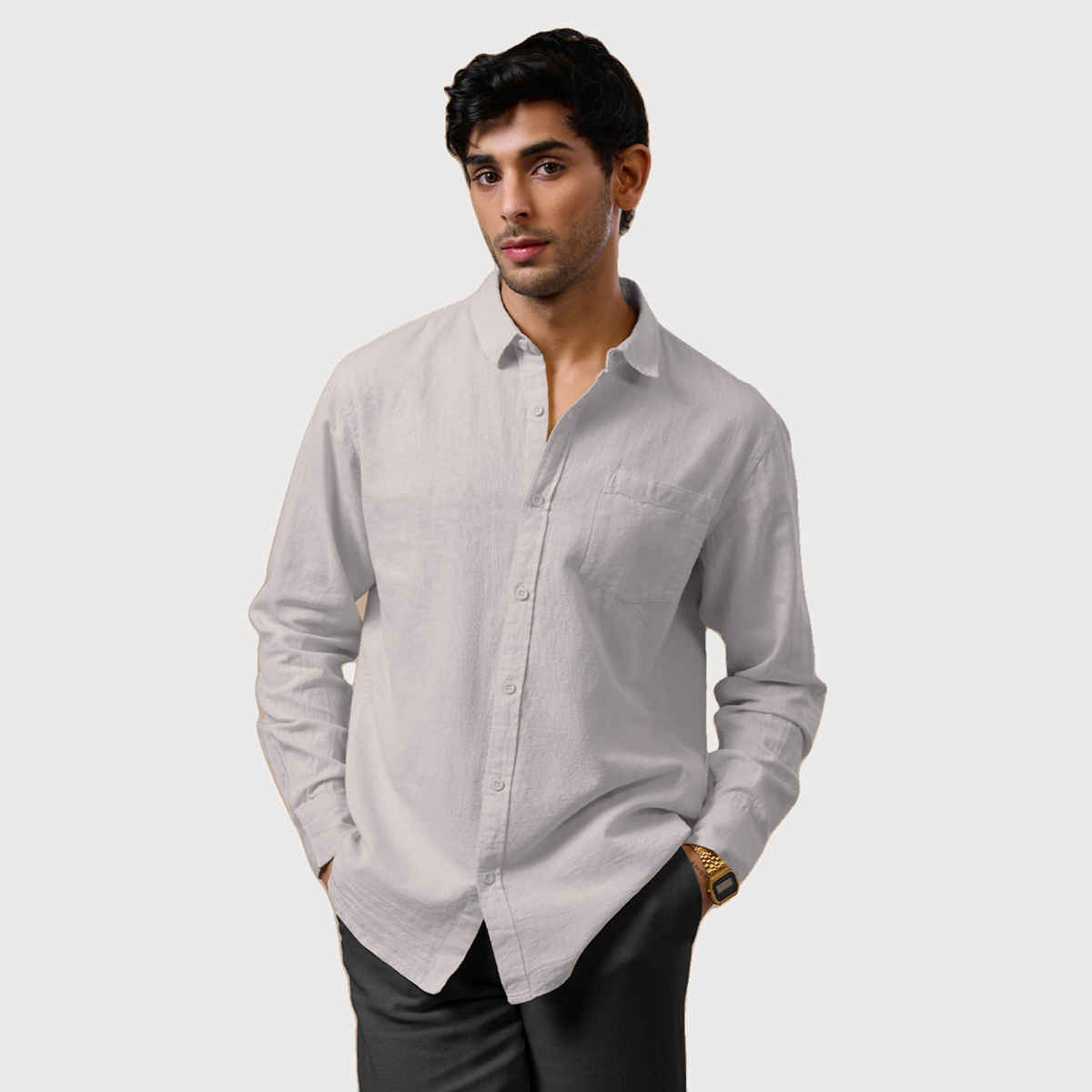 The Souled Store Men's Regular Cotton Linen- Cloud Grey Cotton Linen Shirts| S