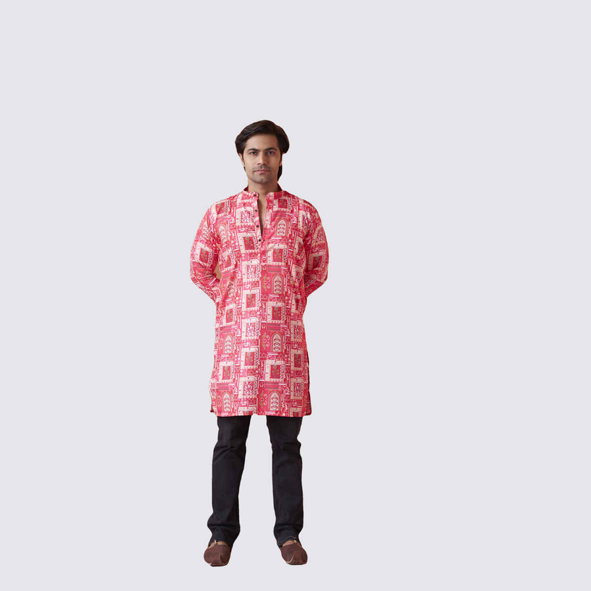 House Of Festivals Men's Printed Cotton Blend Long Kurta | Pink -M