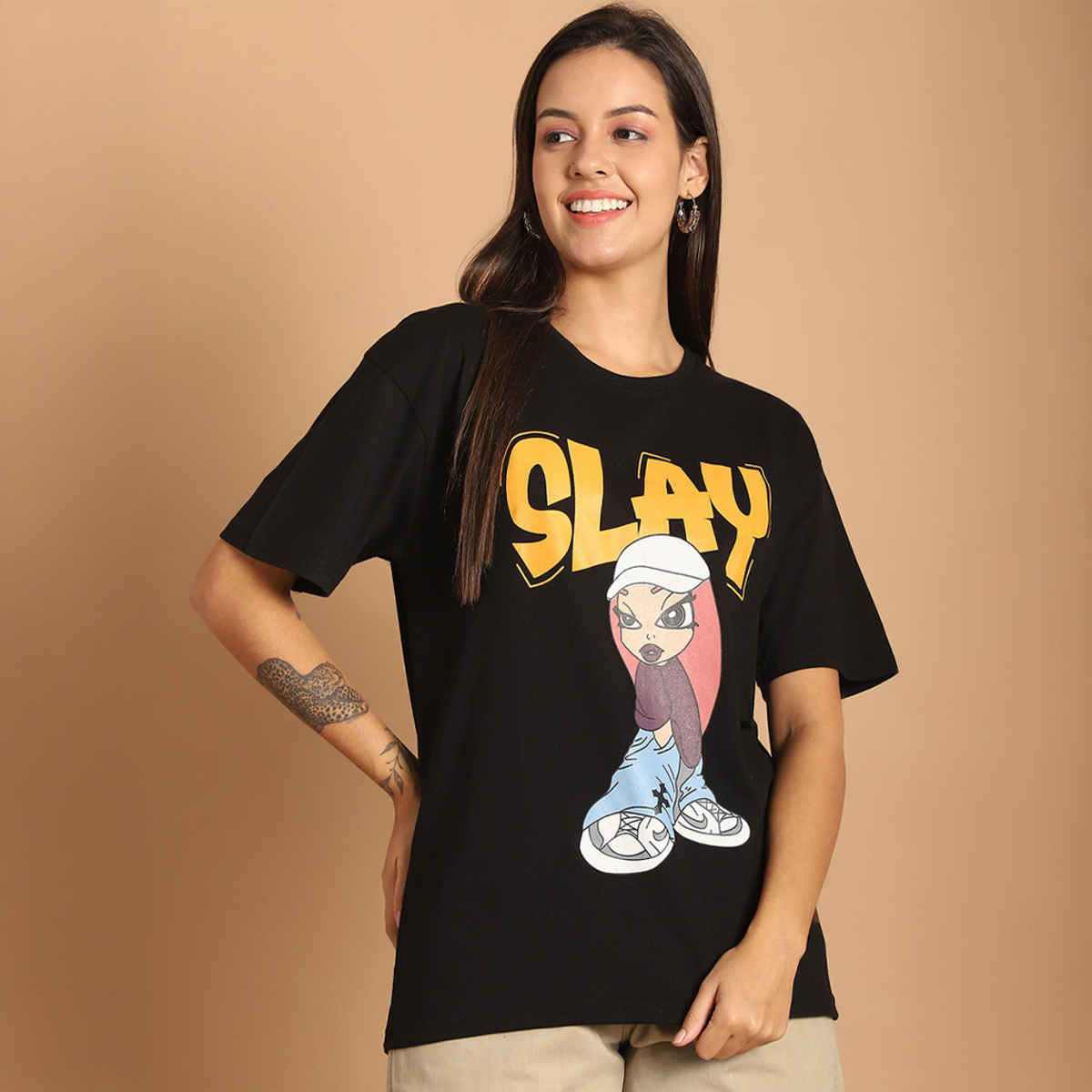 Fabflee Women Oversize Cotton Printed Round Neck Tshirt | Black | FAB-OS-501 | S