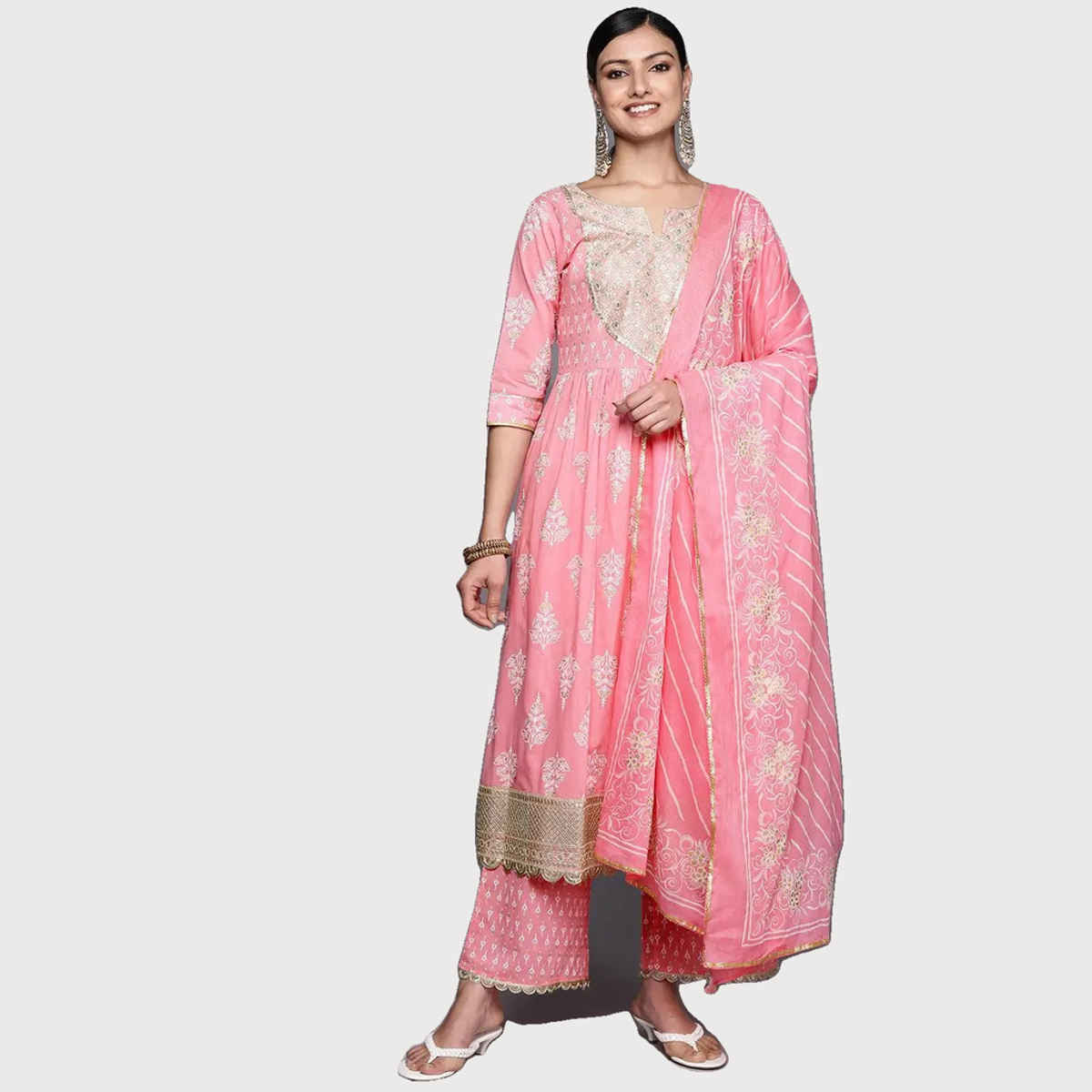 Libas Women Pink Zari Work Yoke & Tassels Detail A-Line Kurta With Palazzos & Dupatta - 34251S