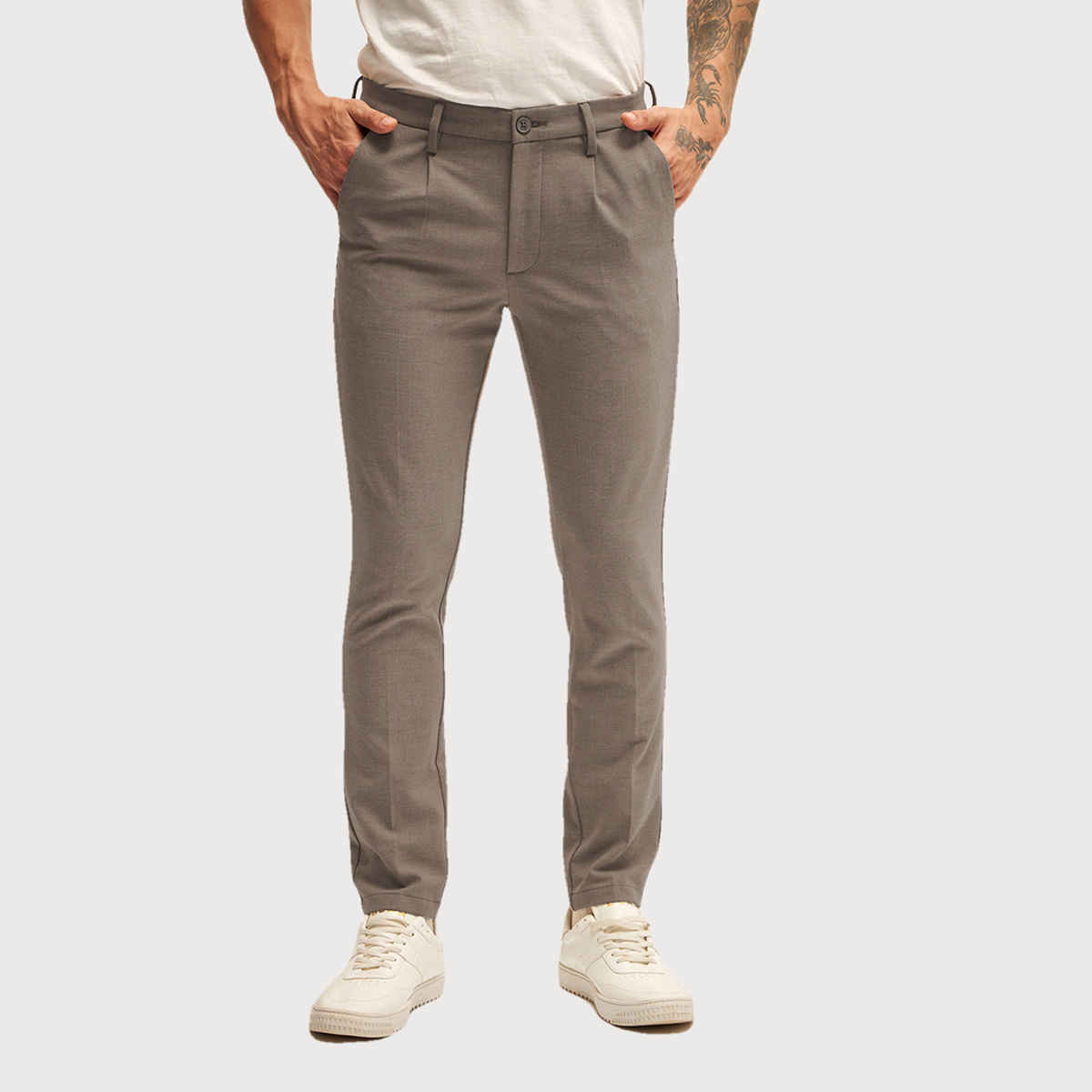 The Bear House Men 4 Way Stretch Solid Formal Trouser - Ferna | Beige | 38
