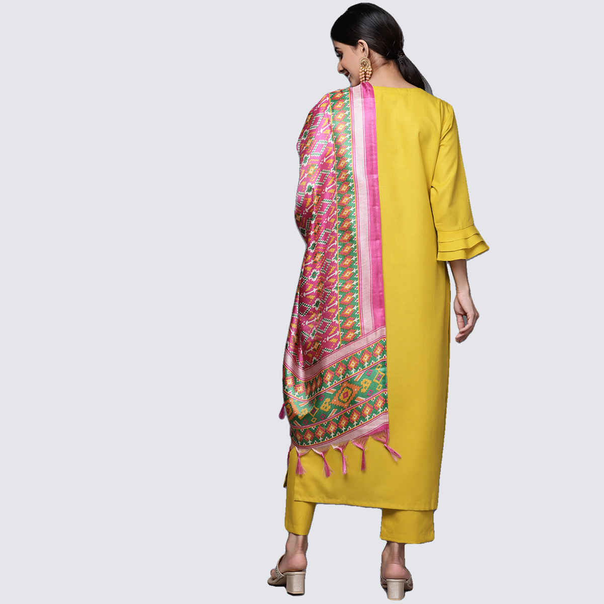 Varanga Women's Yellow Yoke Design Kurta with Trousers and Dupatta Set | Mustard - M