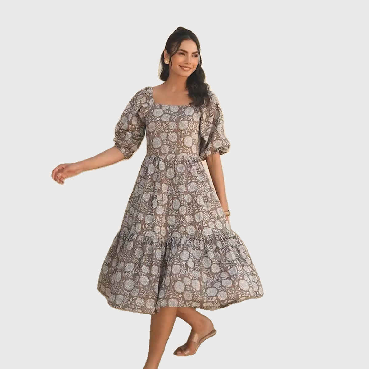 Janasya Women's Grey Pure Cotton Floral Printed Flared Dress - L