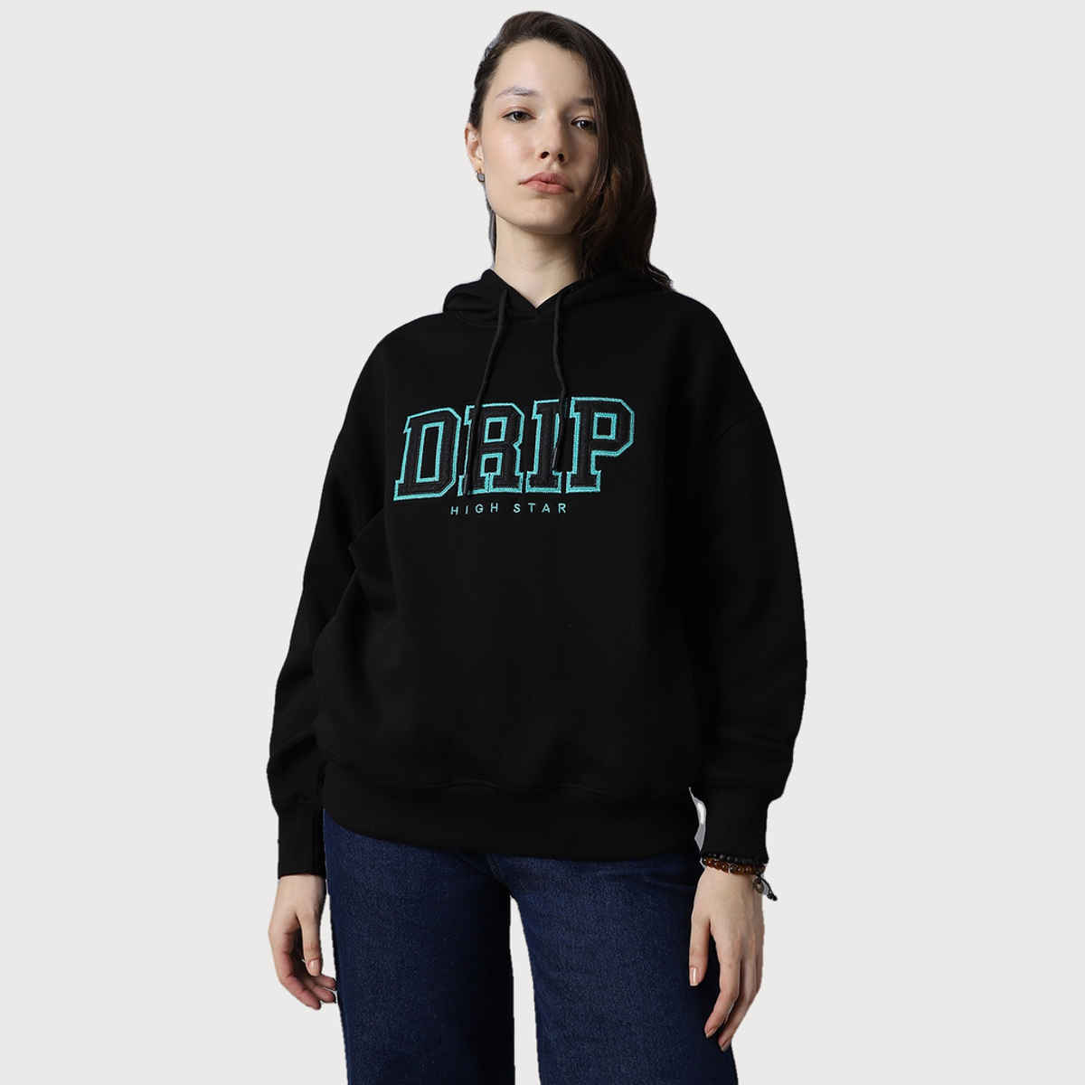 High Star Women's Typography Printed Hooded Pullover Sweatshirt | Black - S