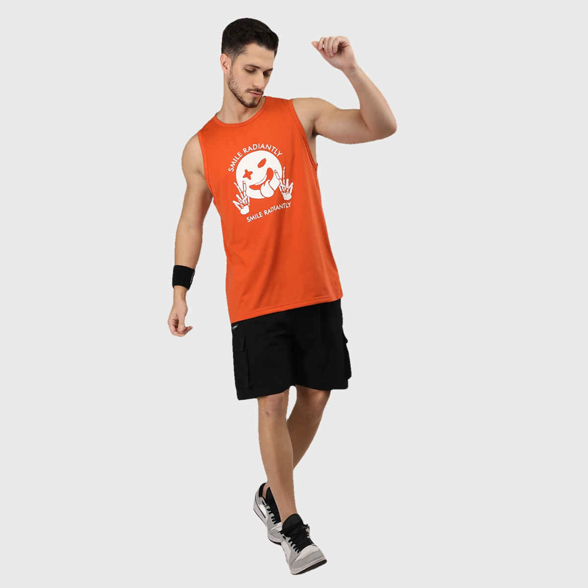 Chkokko Men Gym Regular Fit Tank Tops Sports Sleeveless Printed Vest Orange | Size S