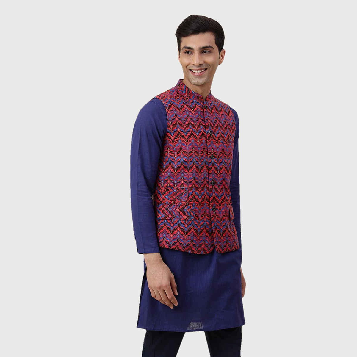 Fabindia Men's Nehru Jacket Cotton Printed Slim Fit | Maroon - S
