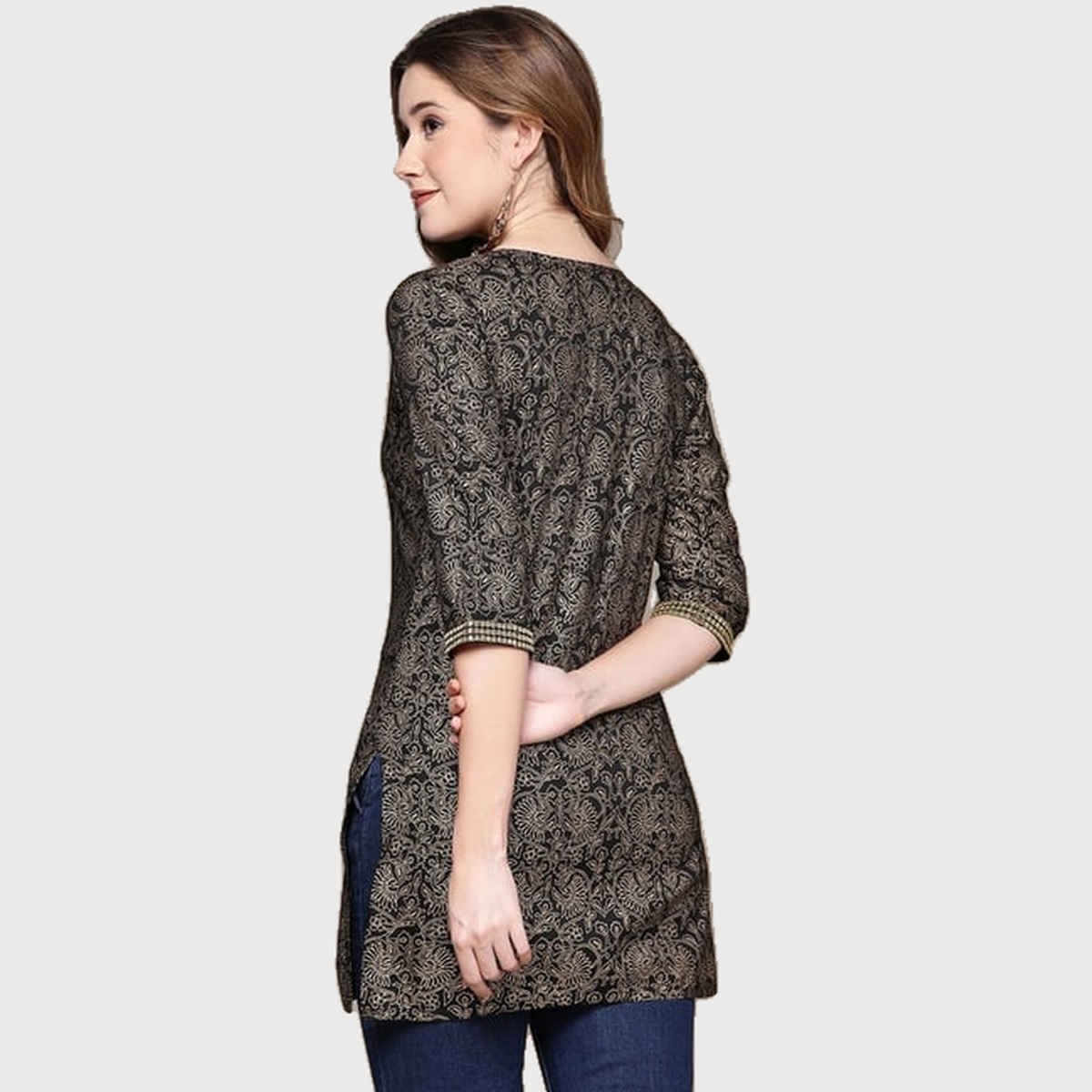 Anubhutee Women's Printed Tunic Top | Black and Golden - M
