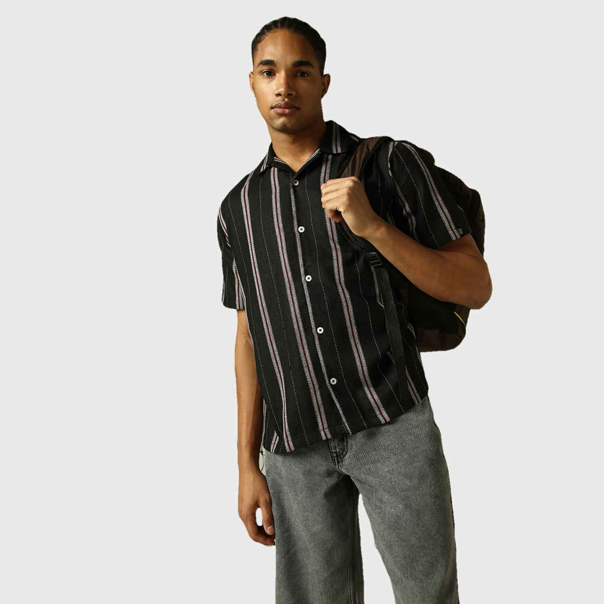 Hubberholme Men's Spread Collar Vertical Striped Cotton Oversized Textured Shirt | Black - 44