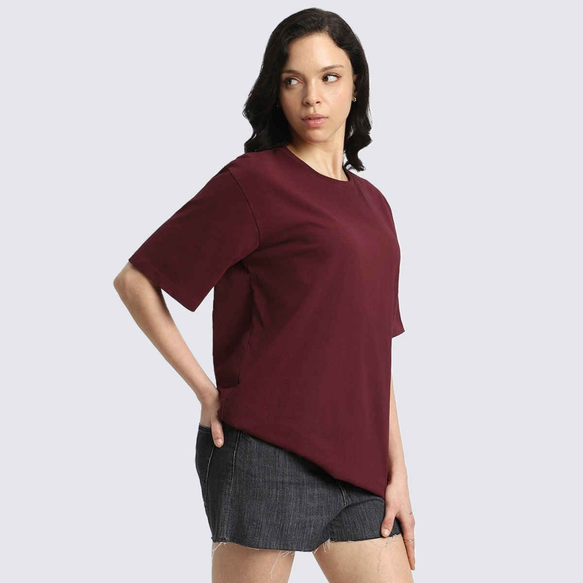 Juneberry Maroon Oversized Fit Round Neck T-shirt for Women - M